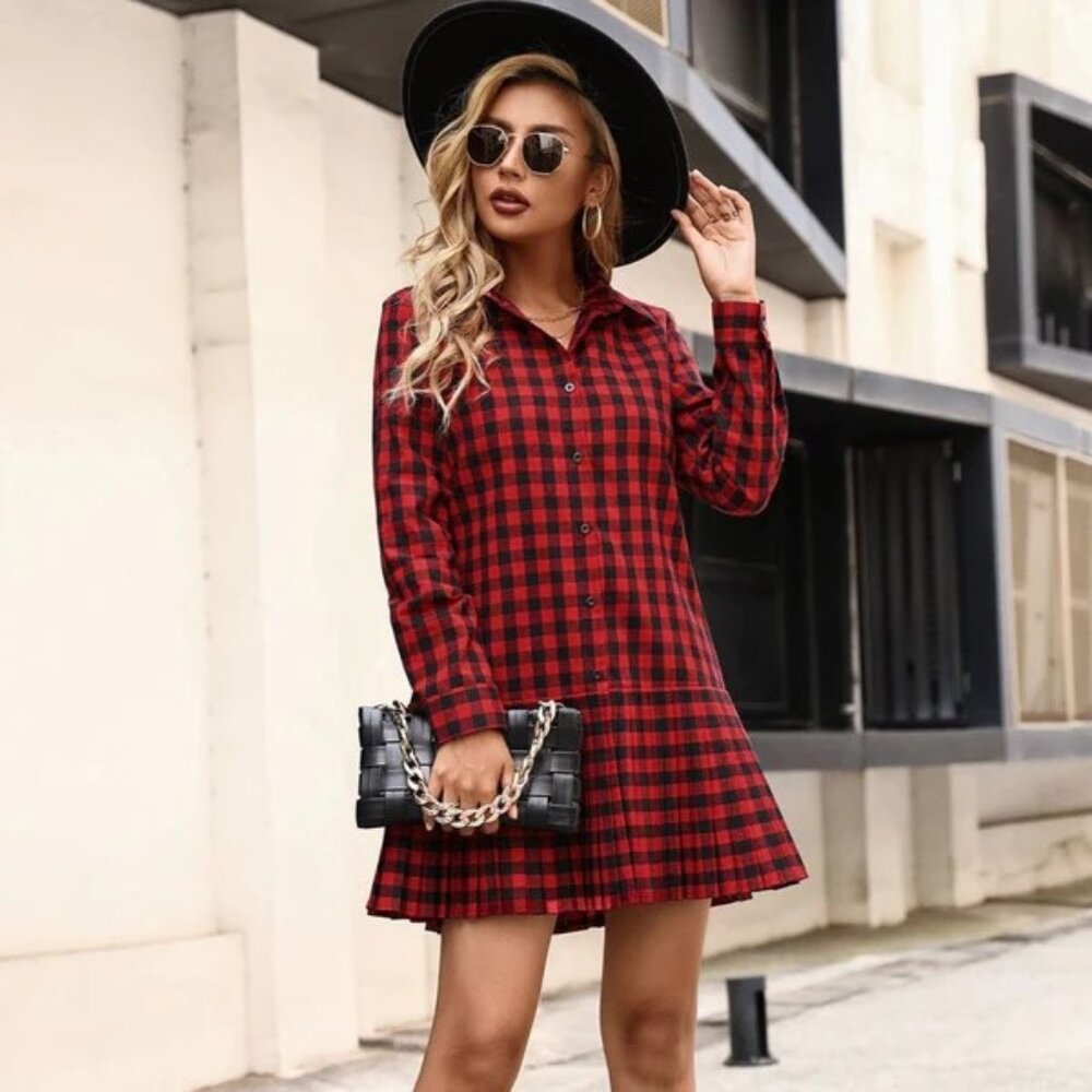 Anna-Kaci NEW Red Black Buffalo Plaid Button Front Long Sleeve Shirt Dress S M L